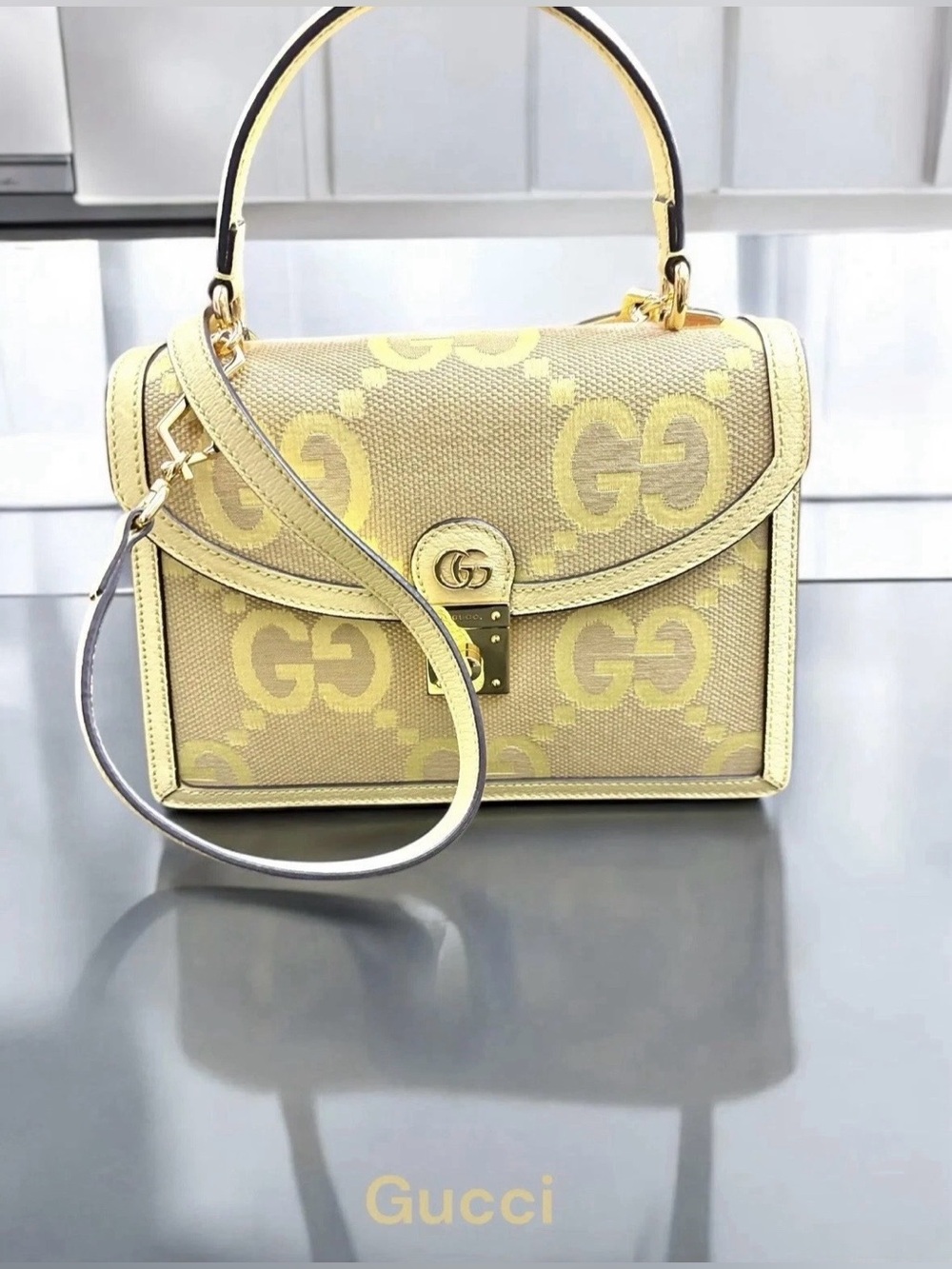 Gucci Yellow  Jumbo Monogram GG Textured Top Handle Bag. Comes w/COA & Receipt.